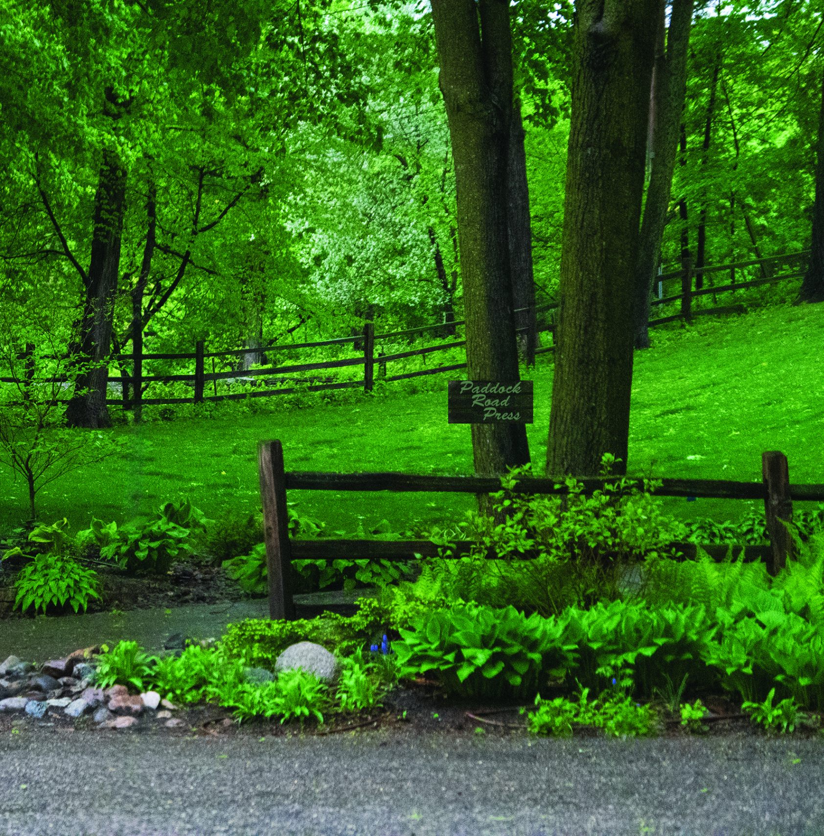 Paddock Road Press sign in a lush green garden
